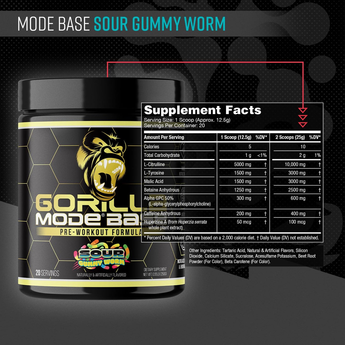 Gorilla Mode Base Pre Workout - Raises Nitric Oxide · Intense Focus & Drive · Endurance · Power - L-Citrulline, L-Tyrosine, Betaine, Alpha-GPC, Caffeine, Huperzine A - 234g (Mouthwatering Watermelon)
