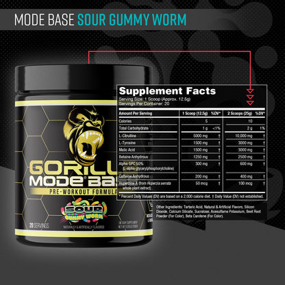 Gorilla Mode Base Pre Workout - Raises Nitric Oxide · Intense Focus & Drive · Endurance · Power - L-Citrulline, L-Tyrosine, Betaine, Alpha-GPC, Caffeine, Huperzine A - 234g (Mouthwatering Watermelon)