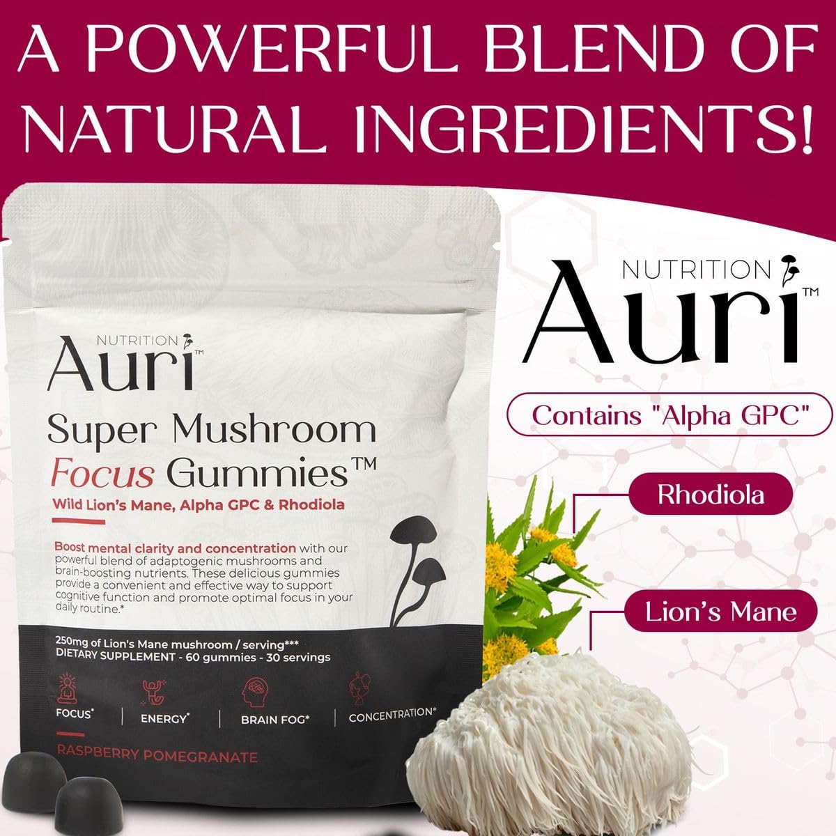 Auri Nutrition Super Mushroom Focus Gummies w/Lion's Mane, Alpha GPC & Rhodiola – Mushroom Supplement to Support Cognitive Function, Mental Clarity, Focus & Energy Auri
