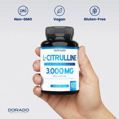 L Citrulline 3000mg Supplement (120 Capsules) Support L Arginine & Nitric Oxide Pills - L-Citrulline For Men & Women - Muscle Recovery & Pump Supplement - 3rd Party Tested DORADO NUTRITION
