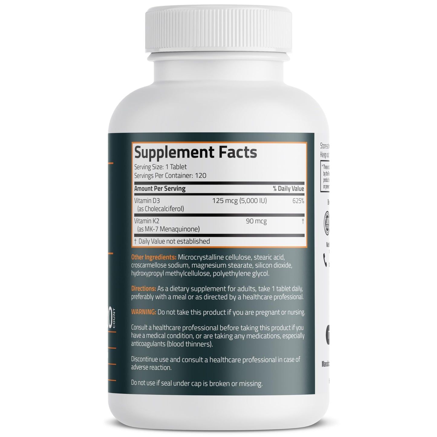 Bronson Vitamin K2 D3 (MK7) Supplement Non-GMO Formula Vitamin D3 5000IU (125 mcg) & 90 mcg K2 MK-7, Easy to Swallow D Bronson
