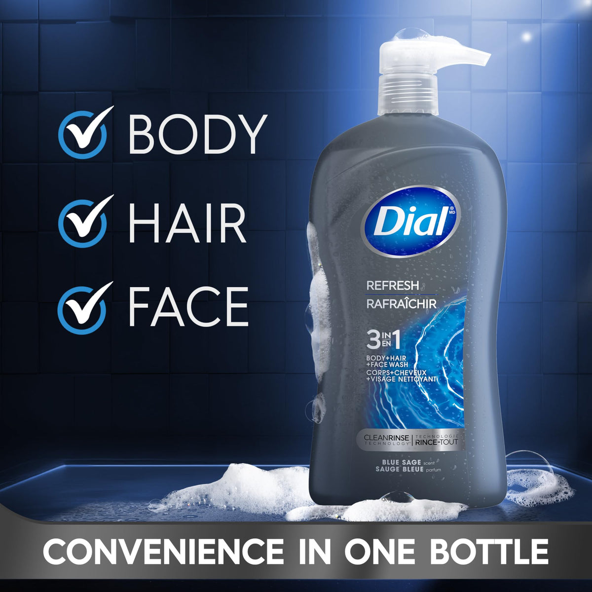 Dial Men 3 in 1 Body, Hair and Face Wash, Refresh, 32 Fl Oz, Blue Sage Scent, Cleanses Deep + Gentle on Skin with Clean Rinse Technology Dial