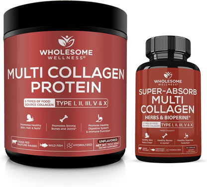 Wholesome Wellness Multi Collagen Protein Powder Hydrolyzed (Type I II III V X) + Super-Absorb Multi Collagen Pills (Type I II III V X) Bundle Gsupps Australia