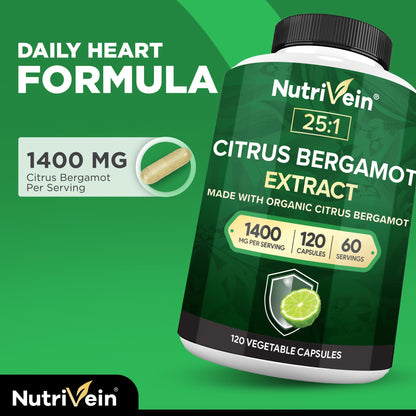 Nutrivein Premium Citrus Bergamot Supplement 1400mg 25:1 Bergamia Extract - 60 Day Supply (120 Capsules): Powerful Italian Citrus Bergamot 1400 mg+ Nutrivein