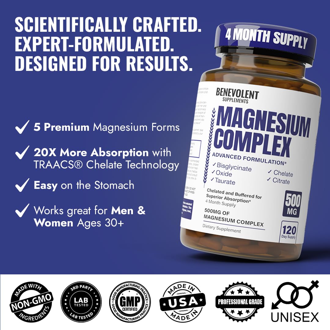 Premium Magnesium Capsules 500mg, High Absorption Formula Chelated Buffered Citrate to Support Digestion, Bone, Sleep & Muscle Health Benevolent Nourishment