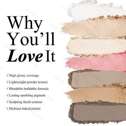 KYDA Face Highlighter Palette, High Glossy Face Illuminator Palette, Natural Glow Finish, Pearl Shimmer Smooth Baked Powder, Lasting Sparkling Champagne Highlighter Makeup-SUN GLOW KYDA