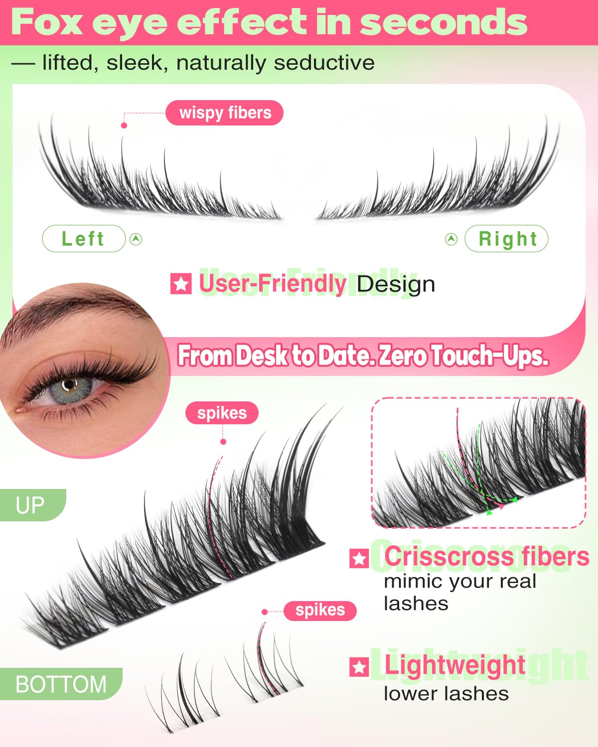 Focipeysa Wispy Lash Clusters Spiky Eyelash Clusters 10-18mm Eyelash Extensions Fox Eye Eyelash Right Left Individual Lashes Foxtail Lashes Thin Soft Lash Extension Waterproof Lash Cluster Focipeysa