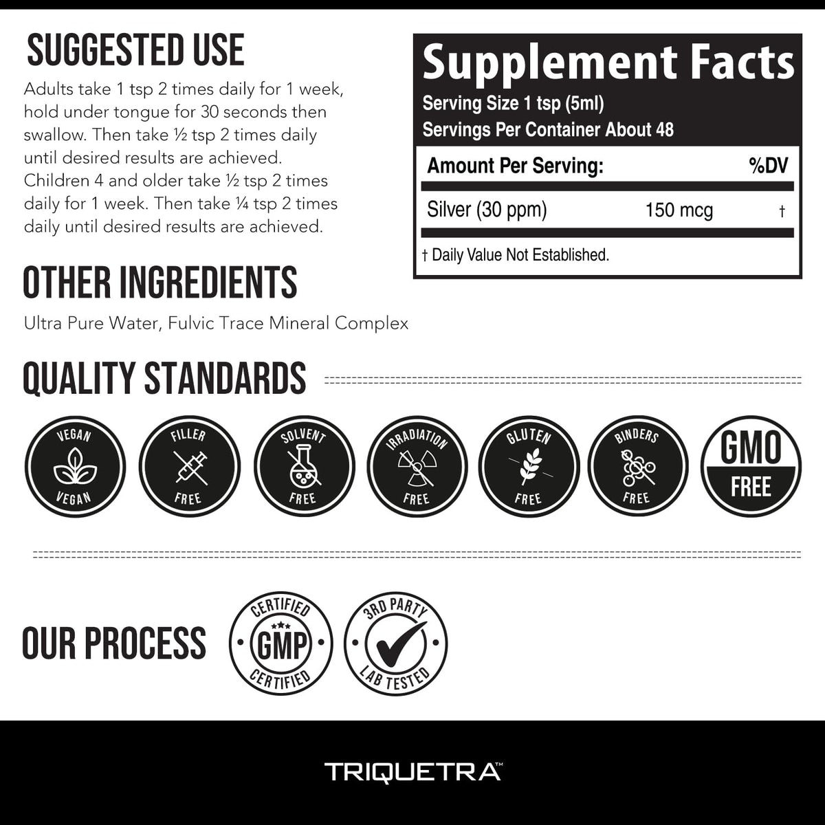 Bioactive Colloidal Silver - 8 oz, Glass Bottle, Vegan, Safe Doses with Highest Effectiveness - Nano Ions, 30 PPM - Immune Support (48 Servings) Triquetra Health