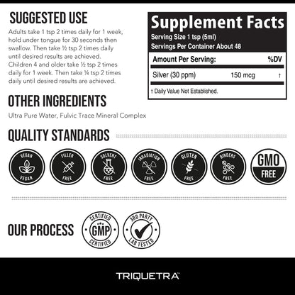 Bioactive Colloidal Silver - 8 oz, Glass Bottle, Vegan, Safe Doses with Highest Effectiveness - Nano Ions, 30 PPM - Immune Support (48 Servings) Triquetra Health