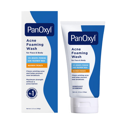 PanOxyl 10% Benzoyl Peroxide Acne Foaming Wash, Maximum Strength, Daily Acne-Fighting Face and Body Cleanser, Face Wash to Clear, Treat and Prevent Acne Pimples and Stubborn Breakouts, 5.5 Oz Tube PanOxyl