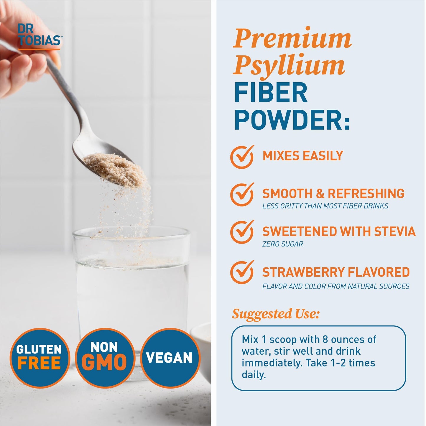 Dr. Tobias Colon Everyday Health - Gut Health for Women & Men - Psyllium Fiber Powder Drink with 4g Psyllium Husk Powder per Serving, Vegan, Gluten Free, Non-GMO, Strawberry Flavor, 60 Servings