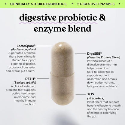 Lemme Debloat 3-in-1 Prebiotic, Probiotic & Digestive Enzyme Capsules for Bloating & Gas Relief - 2 Clinically Studied Probiotics w/5 Digestive Enzymes to Improve Digestion, Women & Men, (60 Count)