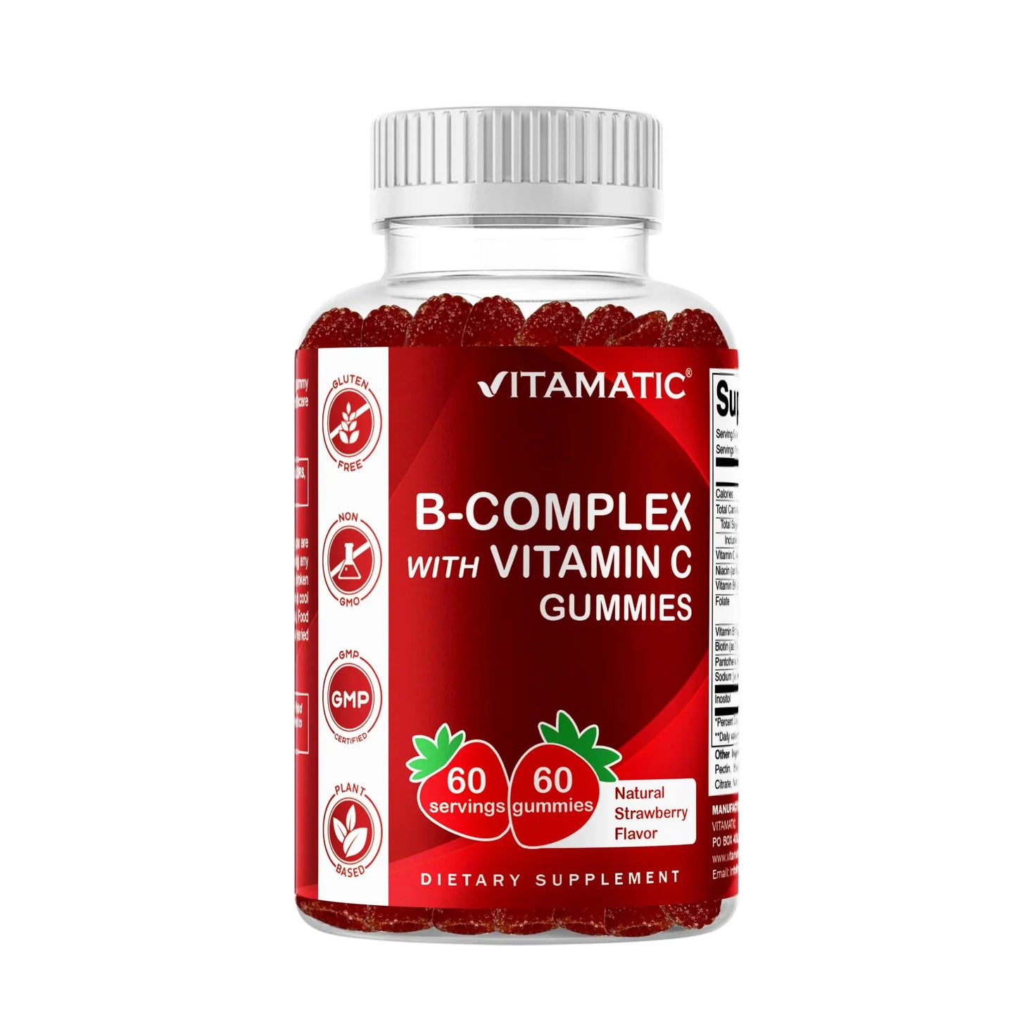 Vitamatic Vitamin B Complex Gummies with Vitamin C & Inositol - Natural Strawberry Flavor - 60 Gummies (1 Bottle) Vitamatic