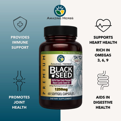 Amazing Herbs Premium  Capsules - High Potency, Cold Pressed Nigella Sativa Aids in Digestive Health Amazing Herbs