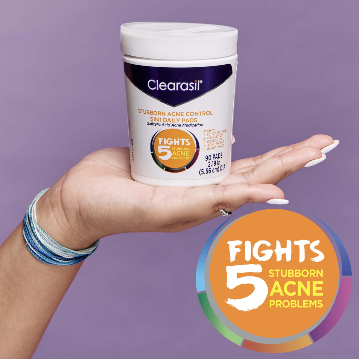 Clearasil Stubborn Acne Control 5in1 Daily Facial Cleansing Pads, with Salicylic Acid Acne Treatment Medicine, 90 Count Clearasil