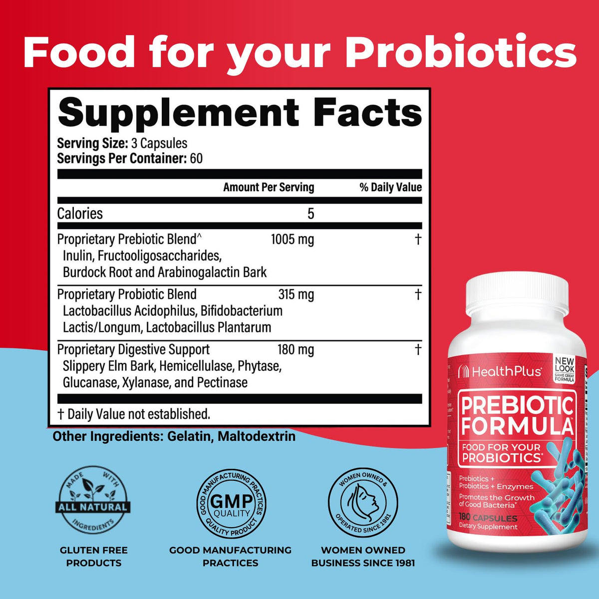 Health Plus Prebiotic Formula - Probiotics + Prebiotics + Digestive Enzymes - Gluten Free, Dairy Free, Natural Herbal Ingredients Health Plus