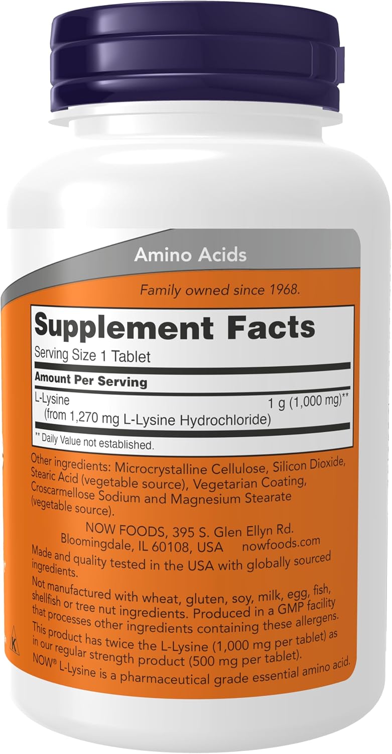 NOW Foods Supplements, (L-Lysine Hydrochloride) 1,000 mg, Double Strength, Amino Acid, 100 Tablets Gsupps Australia