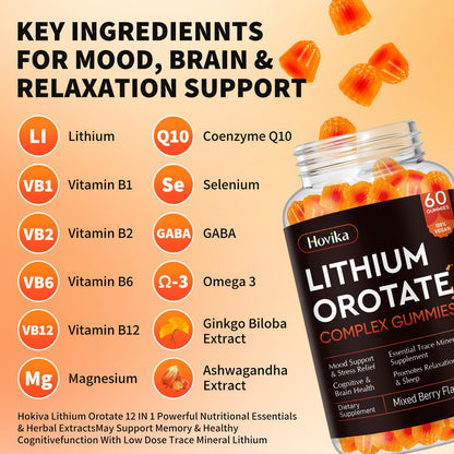 Lithium Orotate 5mg 10mg Gummies Lithium Supplements with Vitamin B, Magnesium & Selenium for Mood Support, Stress Relief, Brain Health, Non-GMO, Vegan, Gluten Free Hovika