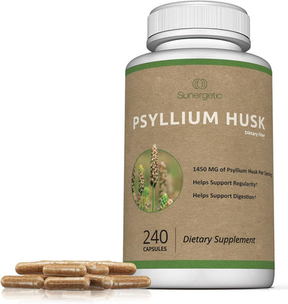 Premium Psyllium Husk Fiber Supplement 1450mg, 240 Capsules Sunergetic