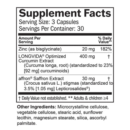 BRAINMD Dr Amen Happy Saffron Plus - 90 Capsules - with Saffron Flower Extract, Curcumin & Zinc - Vegan, Gluten Free - 30 Servings | 30 Servings
