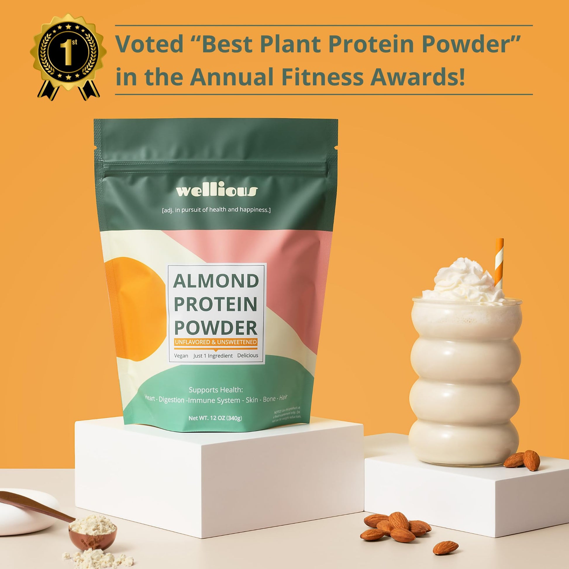 wellious Almond Protein Powder (Unflavored, Unsweetened) - 18 Grams of Pure Healthiest Vegan Protein for Women & Men | Soy-Free & Gut Friendly Protein wellious buy australia supplements