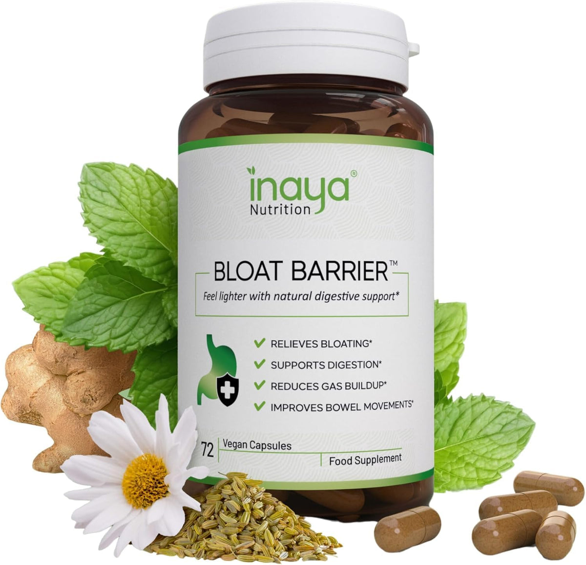 Inaya Nutrition BloatBarrier 72 Capsules - Natural Digestion and Bloating Supplement for Stomach Bloating Relief, Gas Reduction, and Improved Bowel Movements Inaya Nutrition