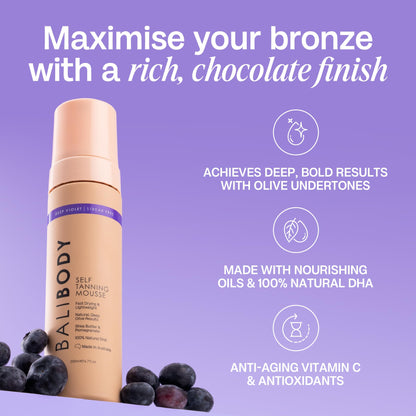 Bali Body Deep Violet Self Tanning Mousse – Self Tanner Mousse Violet-Based Formula for Dark, Fake Tan with Olive Undertones – Hydrating, Sunless Tanner for Sensitive Skin – 200ml / 6.7fl oz BALI BODY