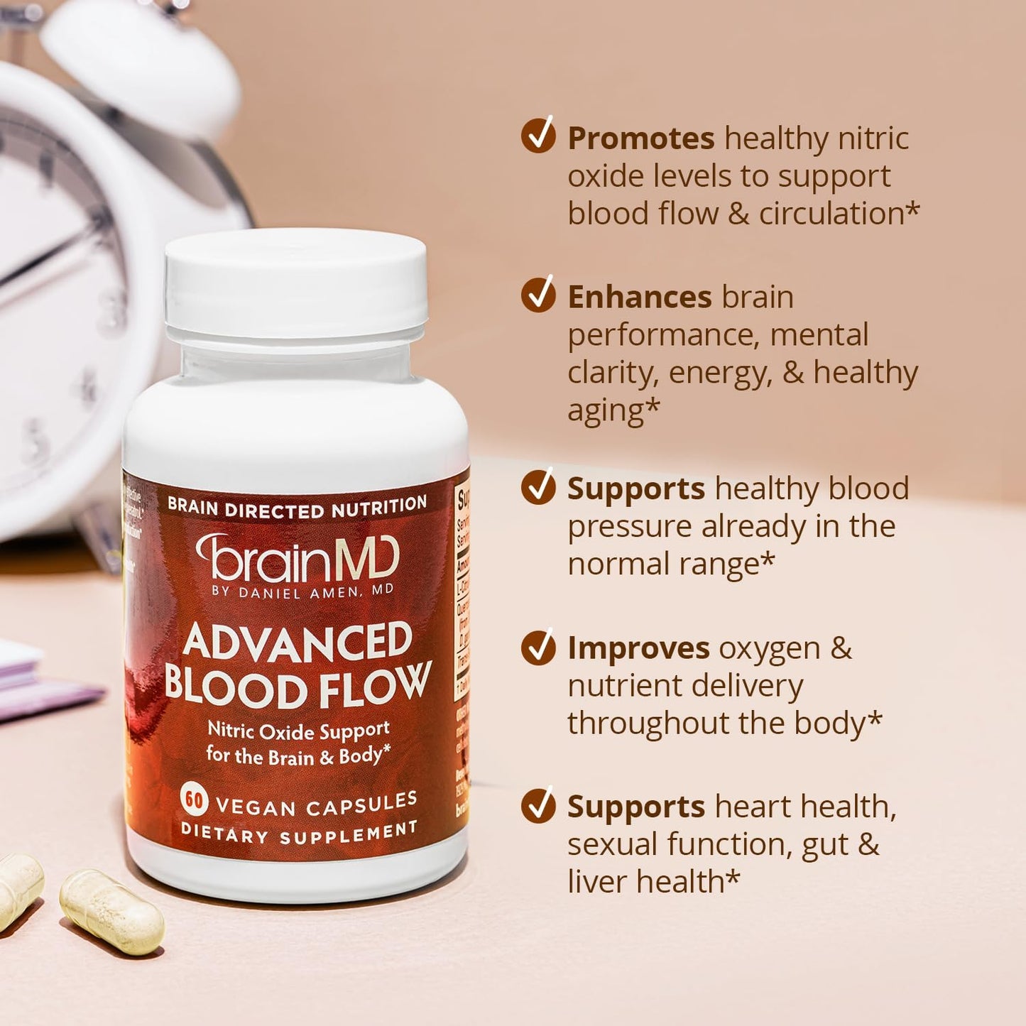 BRAINMD Advanced Blood Flow - 60 Vegan Capsules - Nitric Oxide Support for the Brain & Body - Gluten Free - 30 Servings | Nitric Oxide Support for Brain & Body, Gluten Free