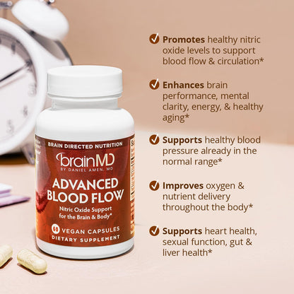 BRAINMD Advanced Blood Flow - 60 Vegan Capsules - Nitric Oxide Support for the Brain & Body - Gluten Free - 30 Servings | Nitric Oxide Support for Brain & Body, Gluten Free