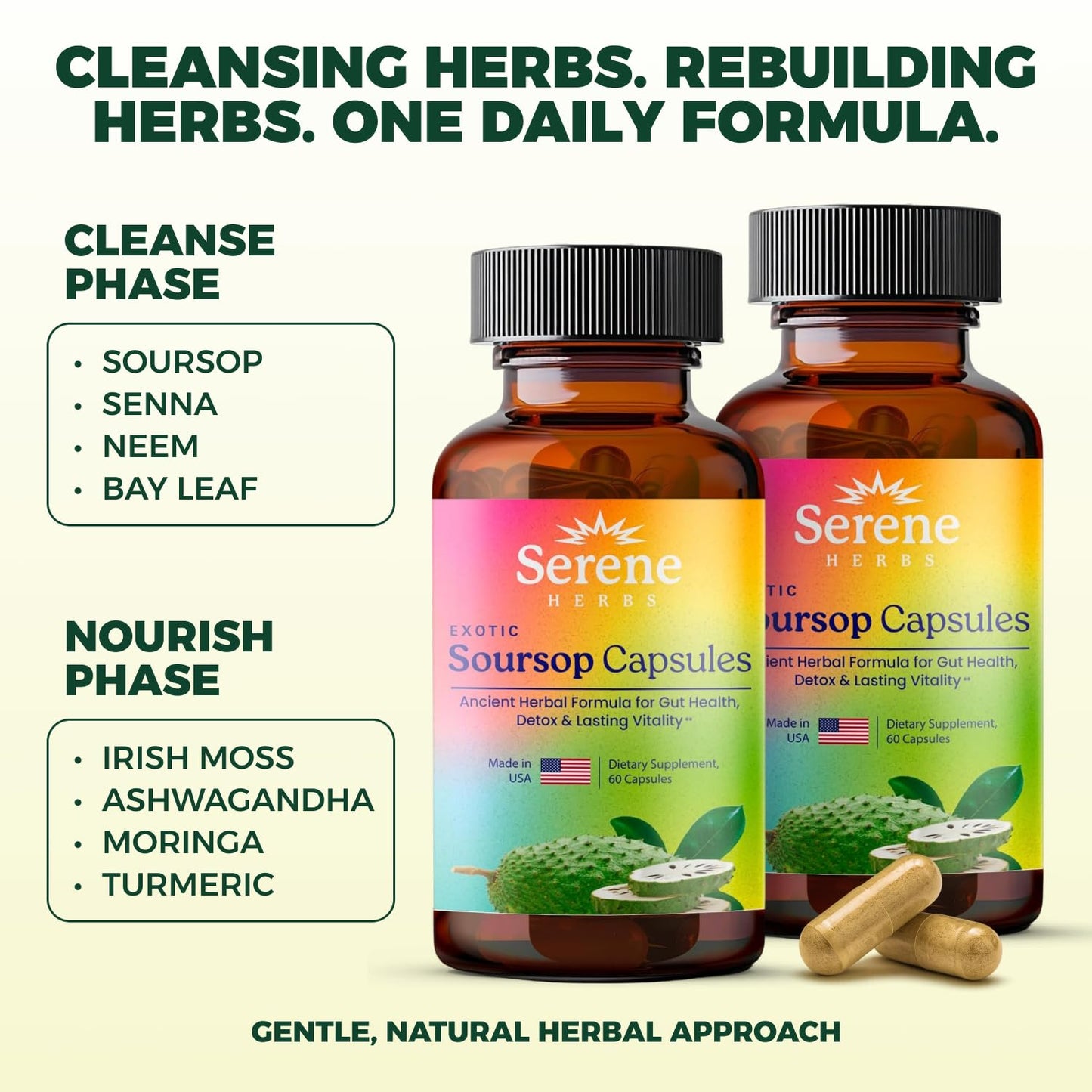 Serene Herbs Graviola Soursop Capsules Organic - Guanabana Extract Pills with Black Seed, Irish Moss & Moringa - 16 Herb Daily Supplements & Digestive Support - Vegan, Non-GMO (Pack of 1)