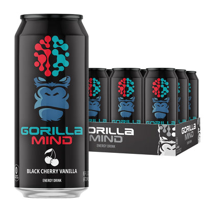 Gorilla Mind Energy Drink | Unmatched Energy · Amplified Focus | N-Acetyl-L-Tyrosine, Alpha-GPC, 200mg Caffeine, Uridine, Saffron | 0 Sugar Or Artificial Colors | 16oz, 12-Pack (Black Cherry Vanilla)