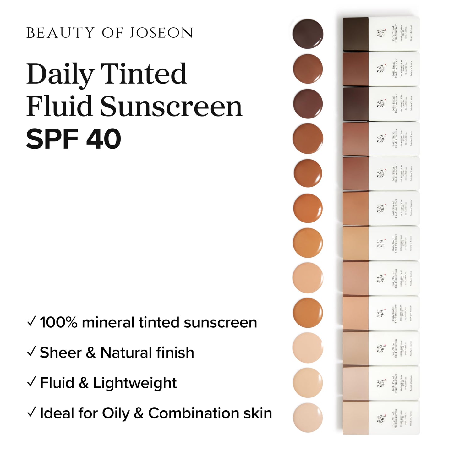 Beauty of Joseon Daily Tinted Fluid Sunscreen 12 Shades for Face Moisturizing Broad Spectrum SPF 40 Korean Skincare 50ml, 1.69 fl.oz Beauty of Joseon