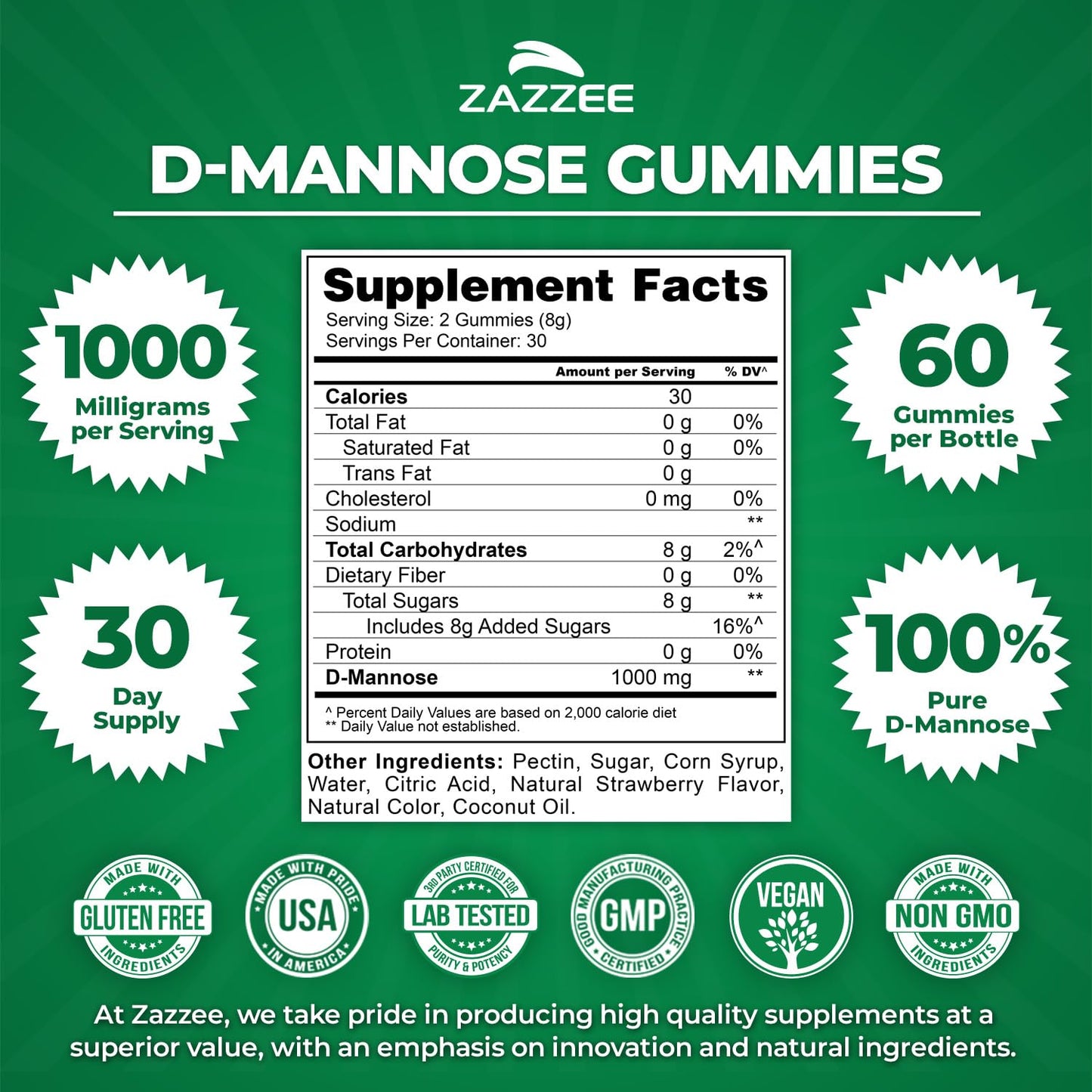 Zazzee D-Mannose, 1000 mg per Serving, 180 Vegan Capsules, 3 Month Supply | Potent & Fast-Acting, Certified Kosher, 100% Pure, All-Natural Urinary Tract Health Support, 100% Vegetarian, Non-GMO Gsupps Australia