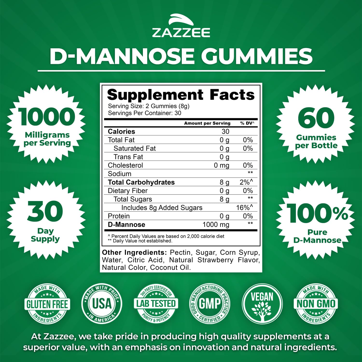 Zazzee D-Mannose, 1000 mg per Serving, 180 Vegan Capsules, 3 Month Supply | Potent & Fast-Acting, Certified Kosher, 100% Pure, All-Natural Urinary Tract Health Support, 100% Vegetarian, Non-GMO Gsupps Australia