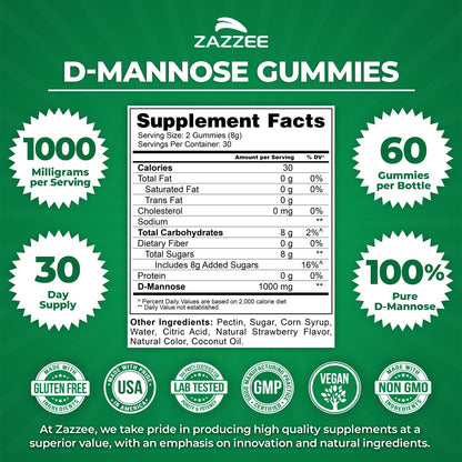Zazzee D-Mannose, 1000 mg per Serving, 180 Vegan Capsules, 3 Month Supply | Potent & Fast-Acting, Certified Kosher, 100% Pure, All-Natural Urinary Tract Health Support, 100% Vegetarian, Non-GMO Gsupps Australia