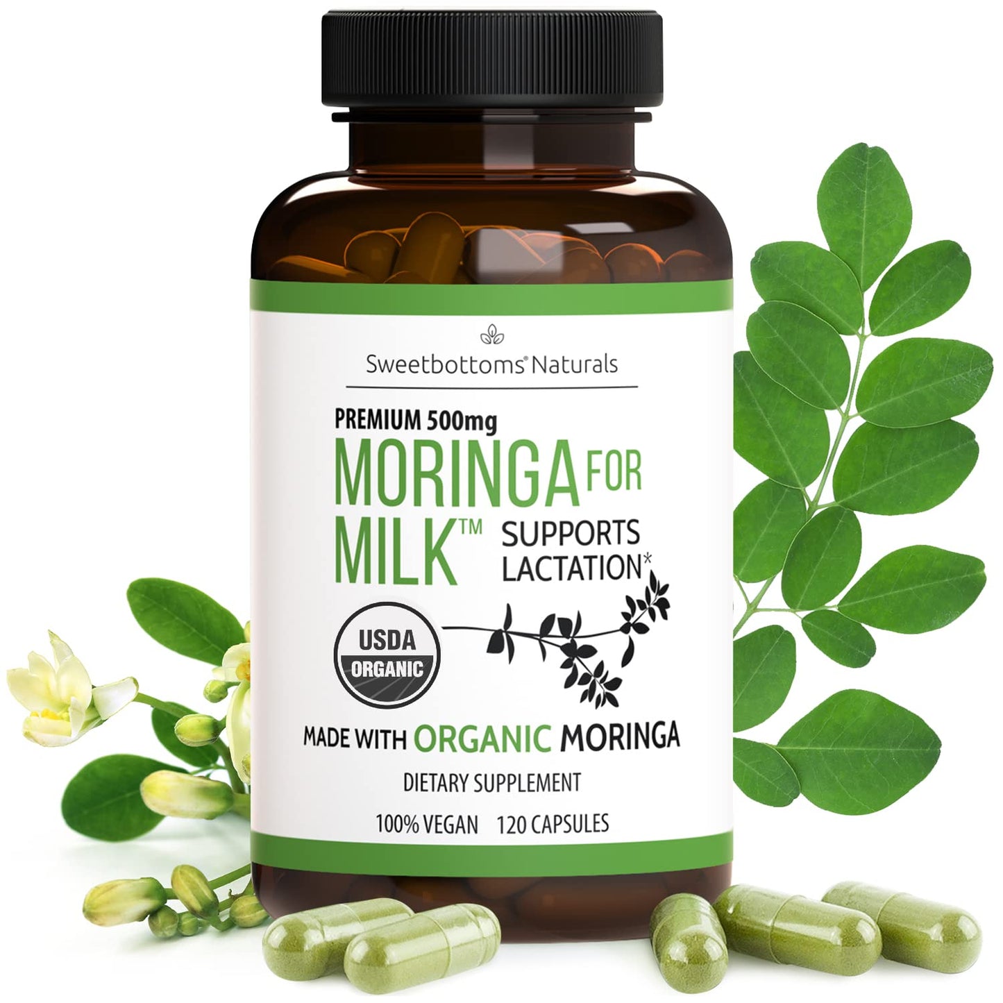 Lactation Supplement - Organic Moringa Capsules for Breastfeeding Support to Increase Breastmilk Supply (120 ct) Pure Malunggay Leaf Powder for Milk Production Booster Sweetbottoms