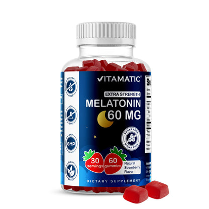 Vitamatic Sugar Free Melatonin 60 mg - 60 Vegetarian Gummies - Non-Habit Forming Supplement Vitamatic