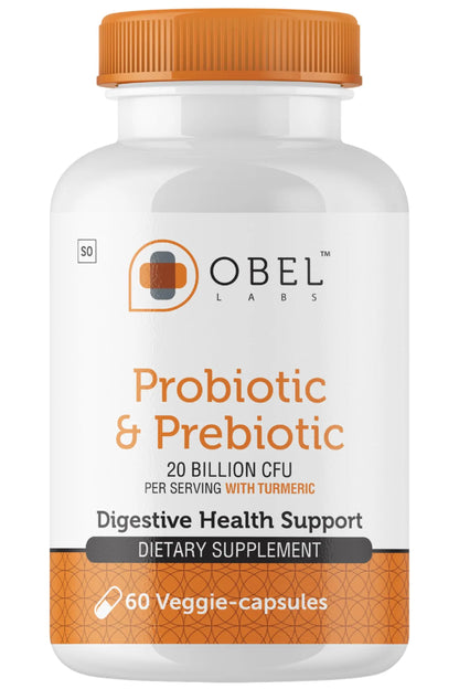 obel Probiotic & Prebiotic Supplement with Turmeric | 20 Billion CFU | 60 Capsules (30 Day Supply) | 4 Strains | Supports Digestion obel