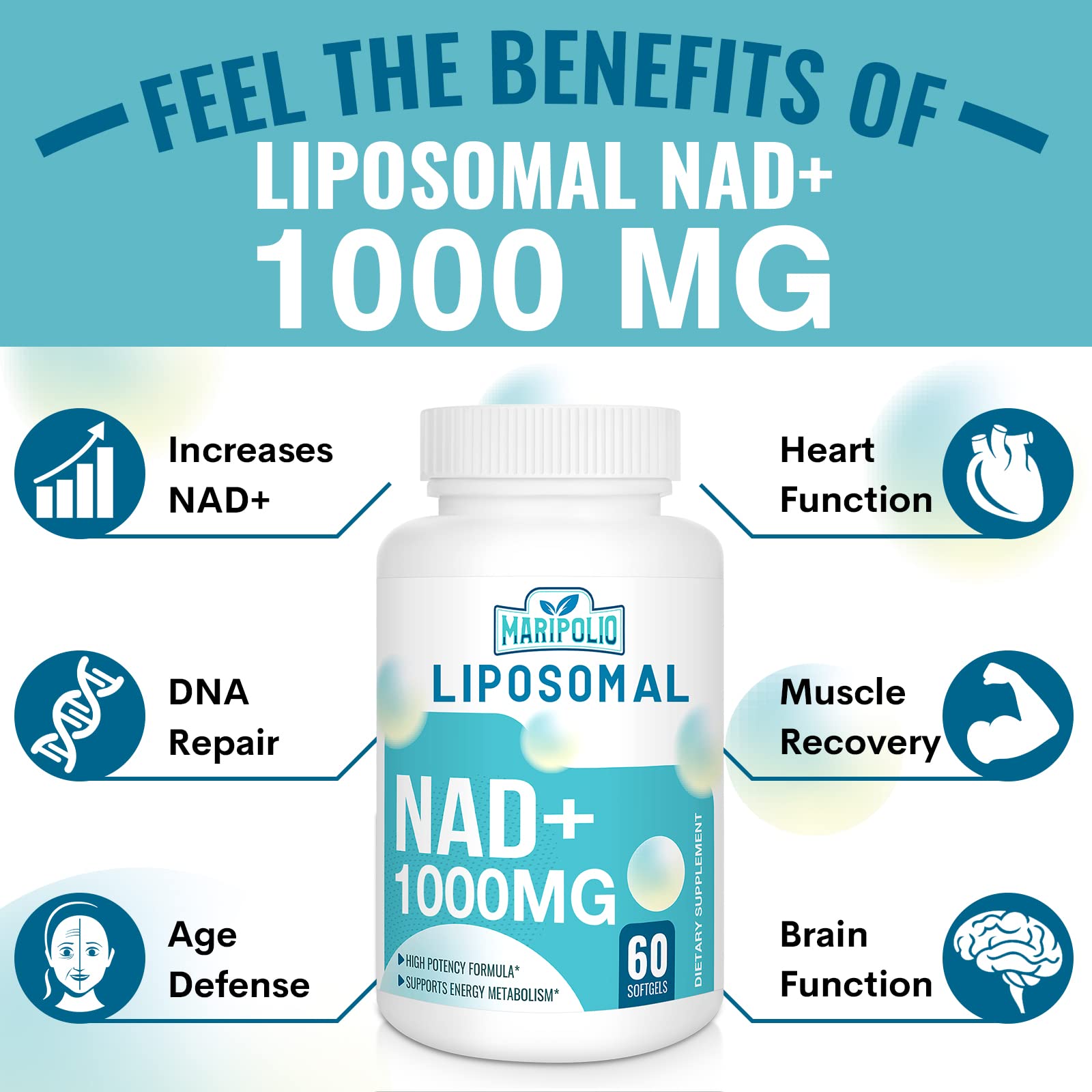 Maripolio Liposomal NAD+ 1000 mg Supplement | High Bioavailability Liposomal Delivery | Cellular Energy & Wellness Support | Pure NAD+ Dietary Supplement for Men,Women, 60 Softgels Maripolio buy australia supplements