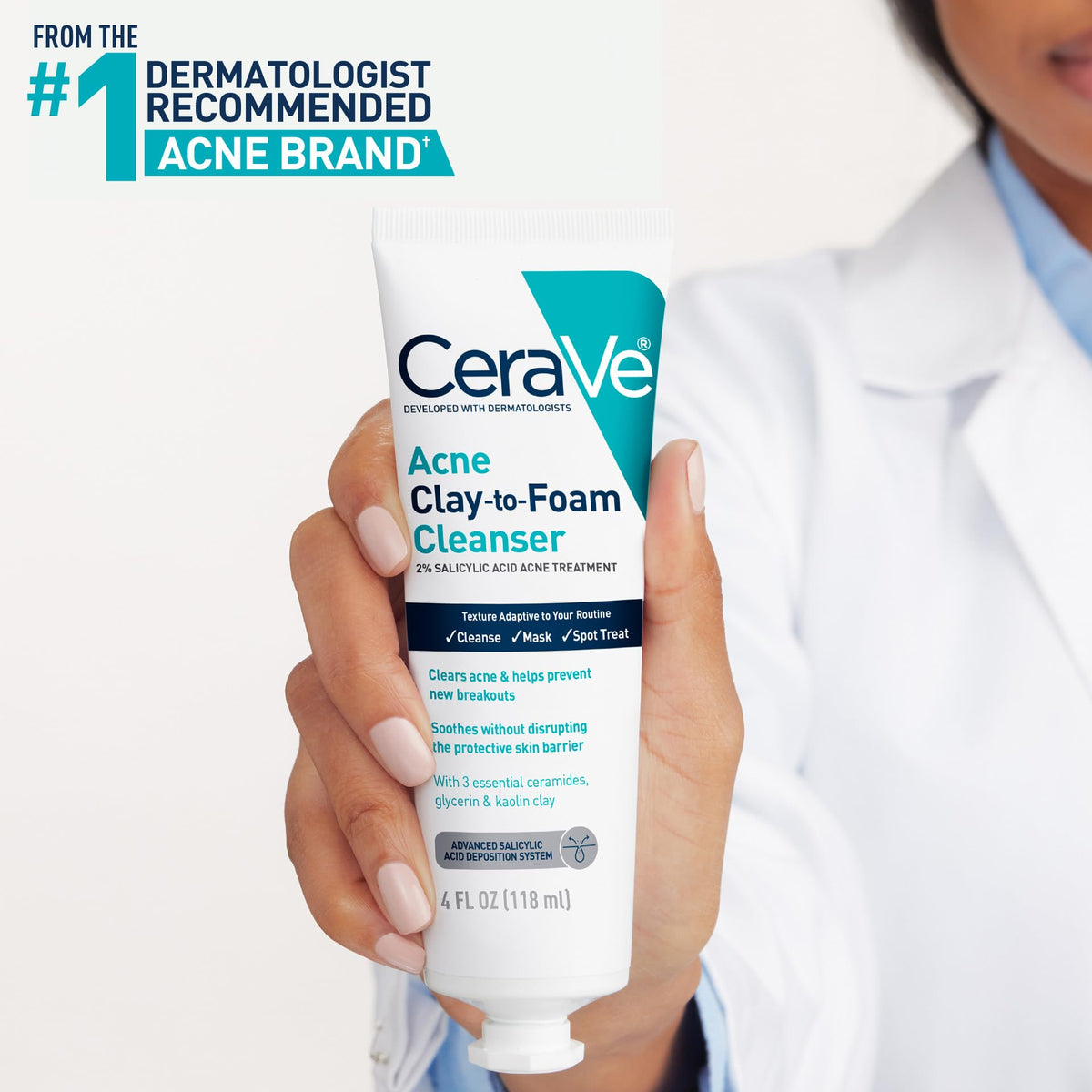 CeraVe Clay to Foam Acne Face Wash, Salicylic Acid Spot Treatment, 4 Oz CeraVe