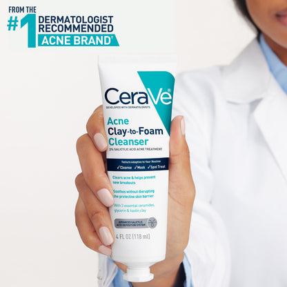 CeraVe Clay to Foam Acne Face Wash, Salicylic Acid Spot Treatment, 4 Oz CeraVe