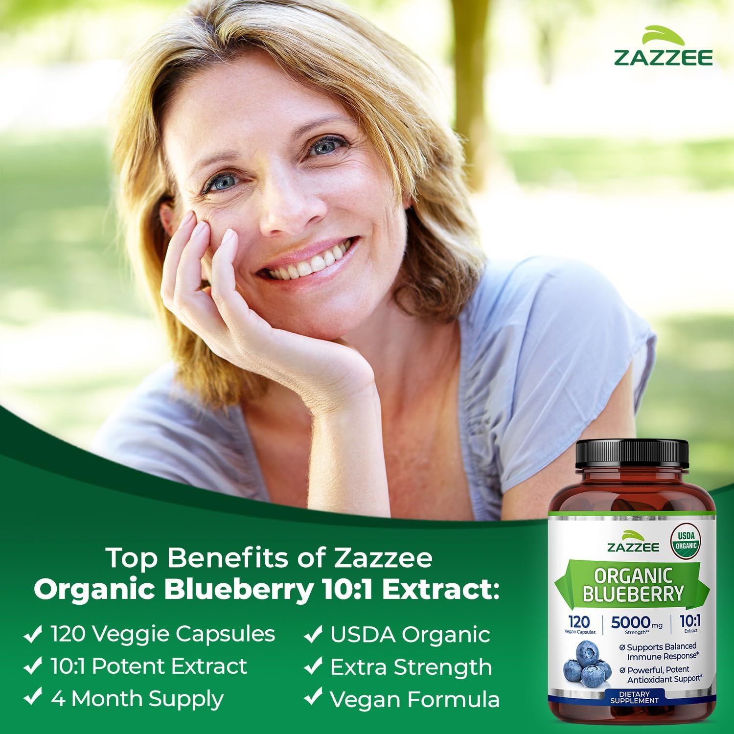 Zazzee USDA Organic Blueberry 10:1 Extract, 120 Capsules, 4 Month Supply | Vegan, Whole Fruit, Vaccinium Angustifolium, Antioxidant & Cellular Health Support, Herbal Supplement, Non-GMO, Made in USA Gsupps Australia