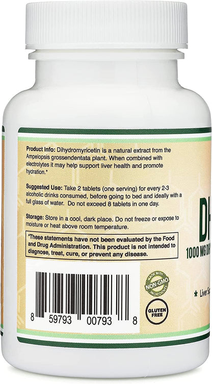DHM1000 Dihydromyricetin (DHM) Tablets - Most Powerful DHM Supplement on The Market - 1,000mg per Capsule (30 Count) Enhanced with Electrolytes Double Wood Supplements