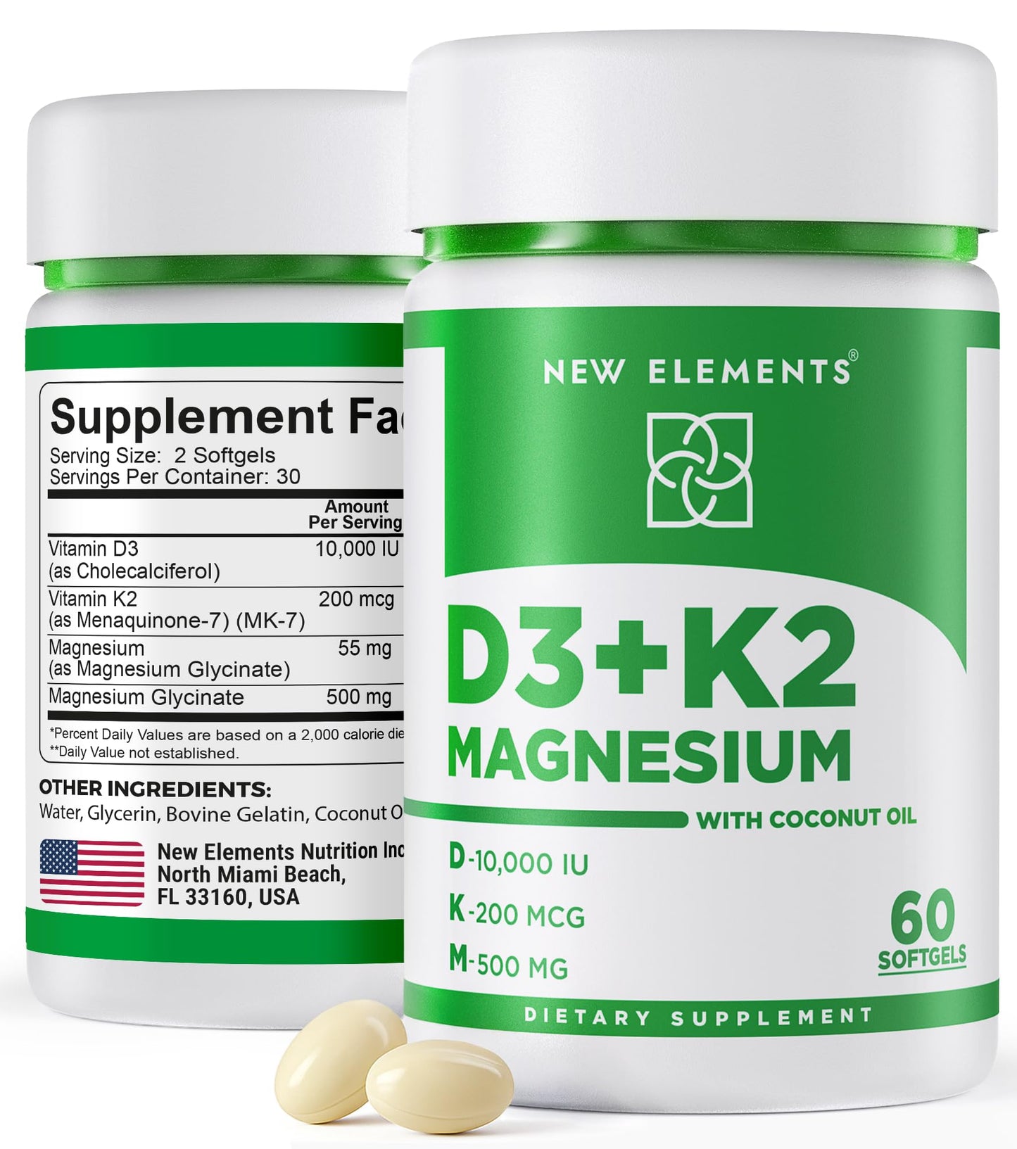 New Elements Vitamin D3 K2 10,000 IU with Magnesium Glycinate 500mg - Bone Health, Immune Support, Energy & Mood - Non-GMO, Gluten-Free New Elements