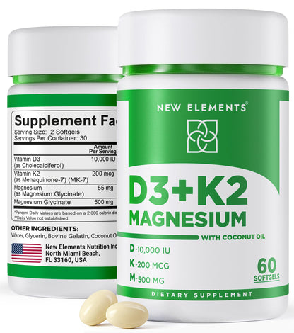 New Elements Vitamin D3 K2 10,000 IU with Magnesium Glycinate 500mg - Bone Health, Immune Support, Energy & Mood - Non-GMO, Gluten-Free New Elements