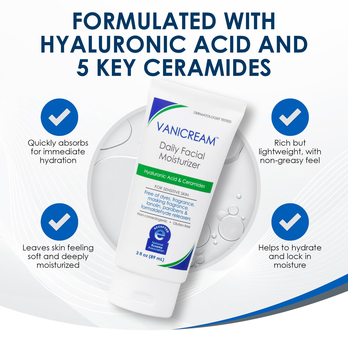 Vanicream Daily Facial Moisturizer, Face Cream with 5 Key Cermides & Hyaluronic Acid, 3 Fl Oz, Formulated Without Common Irritants for Sensitive Skin, Lightweight, Non-Greasy Hydration Vanicream