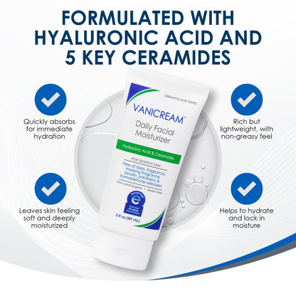 Vanicream Daily Facial Moisturizer, Face Cream with 5 Key Cermides & Hyaluronic Acid, 3 Fl Oz, Formulated Without Common Irritants for Sensitive Skin, Lightweight, Non-Greasy Hydration Vanicream