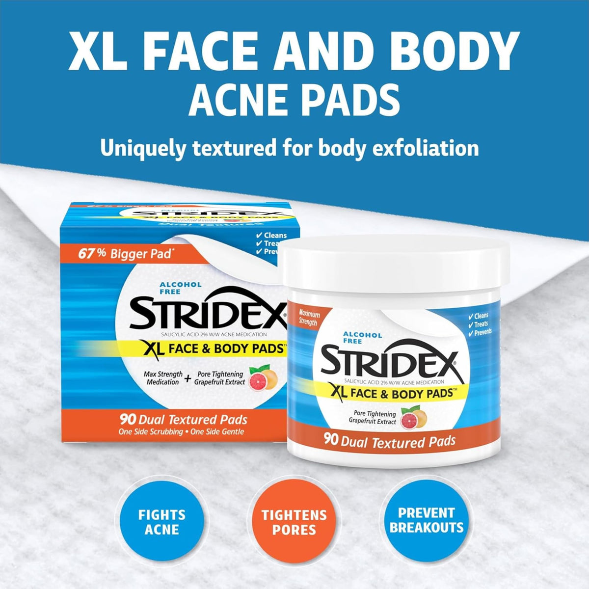 Stridex XL Face Body Pads, Exfoliating Salicylic Acid Acne Treatment, 90 Ct Stridex