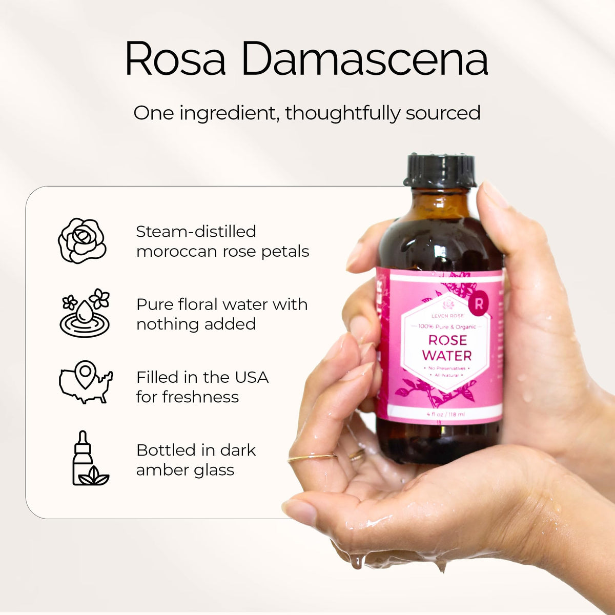 Leven Rose Pure Rose Water Spray for Face, Hair & Body - Hydrating Rosewater Toner & Facial Mist, Natural Moroccan Rosa Damascena, 4 oz Leven Rose