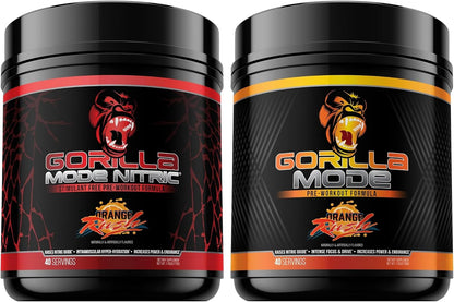 Gorilla Mode Pre Workout & Gorilla Mode Nitric Upgraded Stimulant - Best Tasting & Most Effective Stimulant Free Pre-Workout | Massive Pump | Laser Focus Energy Power (Orange Rush)